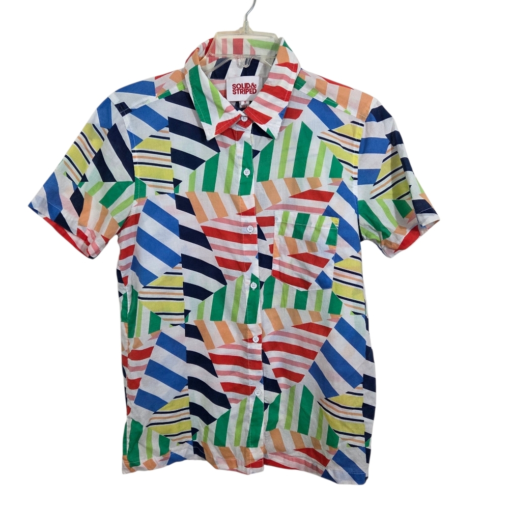 Solid & Striped Button Up Blouse Top Patchwork Colorful Stripe Print Small